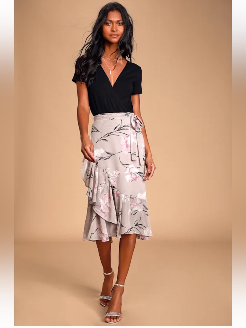 Lulus Romantic Reverie Lavender Floral Print Ruffled Wrap Midi Skirt- Size XS